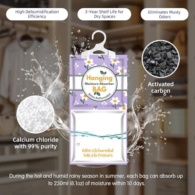 Hanging High-Purity Moisture Absorber, 20 pack with Activated Carbon, eliminates musty odors during humid summers, ideal for