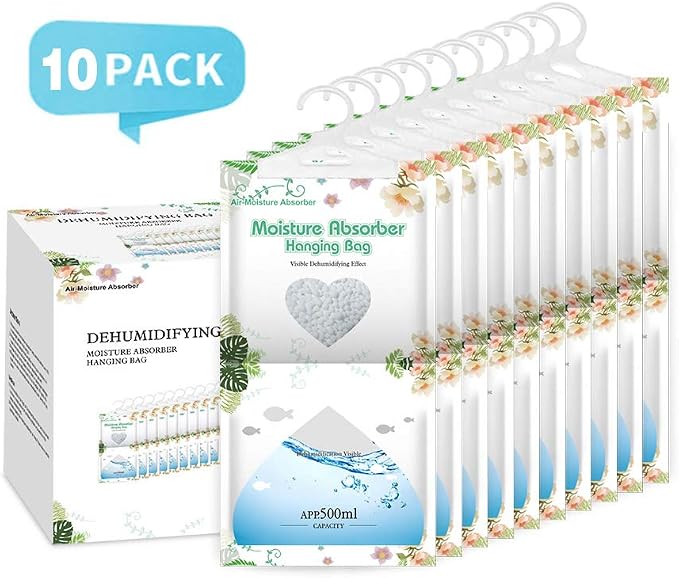 Hanging Moisture Absorber-10 Packs, Hanging Dehumidifier Bags for Closet,Bedroom and kitchen,Fragrance Free,Moisture Absorb