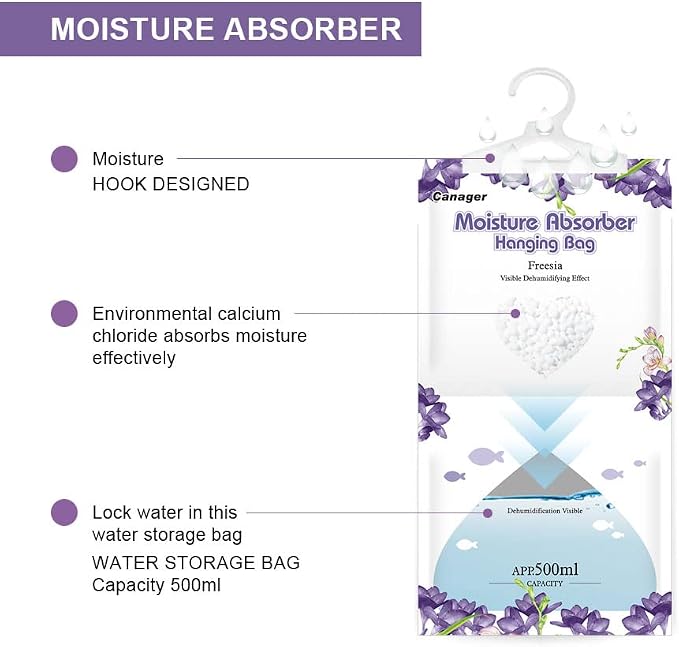 Hanging Moisture Absorber, Freesia Moistureproof Hanging Bag,Dehumidifier Bag (8 packs) Hanging Closet Dehumidifier Bags