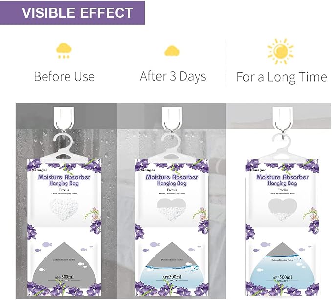Hanging Moisture Absorber, Freesia Moistureproof Hanging Bag,Dehumidifier Bag (8 packs) Hanging Closet Dehumidifier Bags
