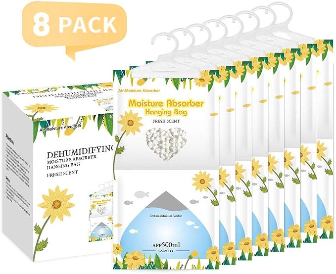 Hanging Moisture Absorber, Fresh Scent Moistureproof Desiccant Hanging Bag,Dehumidifier Bag (8 packs) Hanging Closet