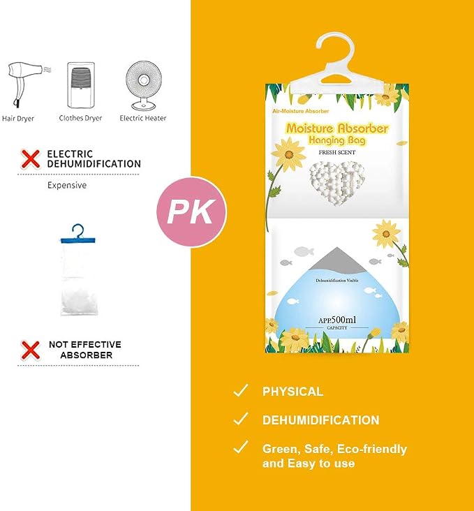 Hanging Moisture Absorber, Fresh Scent Moistureproof Desiccant Hanging Bag,Dehumidifier Bag (8 packs) Hanging Closet