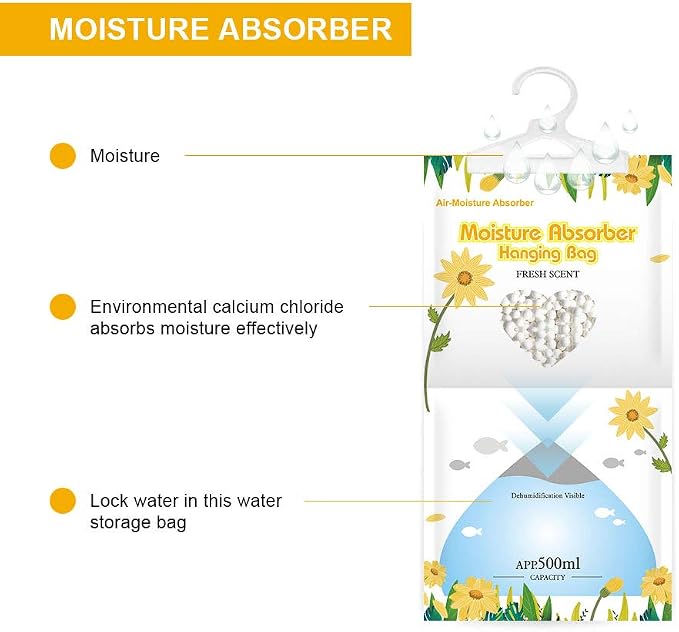 Hanging Moisture Absorber, Fresh Scent Moistureproof Desiccant Hanging Bag,Dehumidifier Bag (8 packs) Hanging Closet