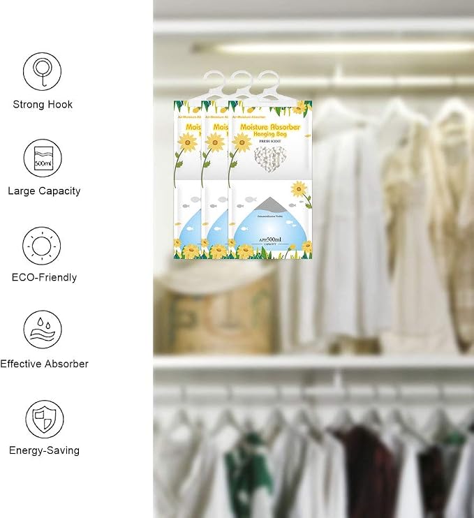 Hanging Moisture Absorber, Fresh Scent Moistureproof Desiccant Hanging Bag,Dehumidifier Bag (8 packs) Hanging Closet