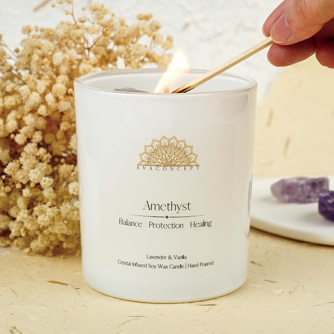 Healing Crystal Candle, Scented Candle Infused Amethyst and Clear Quartz Crystals, alternate product view 3