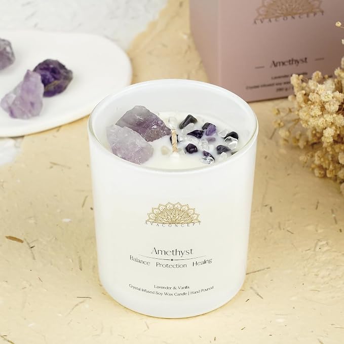 Healing Crystal Candle, Scented Candle Infused Amethyst and Clear Quartz Crystals, alternate product view 4