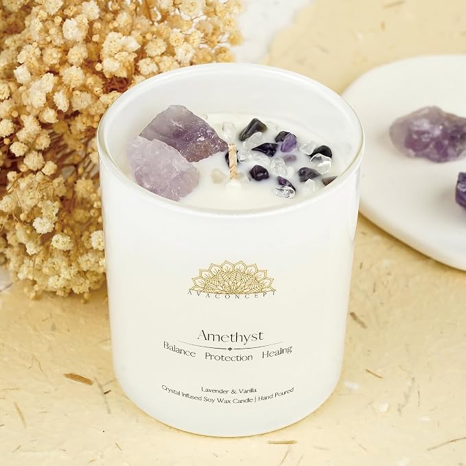 Healing Crystal Candle, Scented Candle Infused Amethyst and Clear Quartz Crystals, alternate product view 6