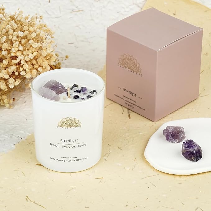 Healing Crystal Candle, Scented Candle Infused Amethyst and Clear Quartz Crystals, alternate product view 7