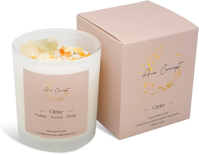 Healing Crystal Candle, Scented Candle Infused Citrin, Clear Quartz Crystals, Lemon Grass&Litchi Scented, Positivity, product