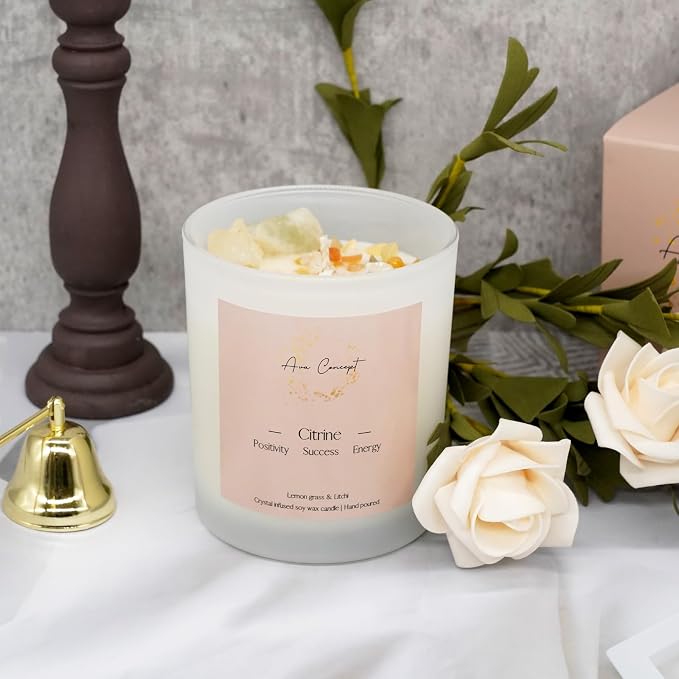 Healing Crystal Candle, Scented Candle Infused Citrin, Clear Quartz Crystals, Lemon Grass&Litchi Scented, Positivity