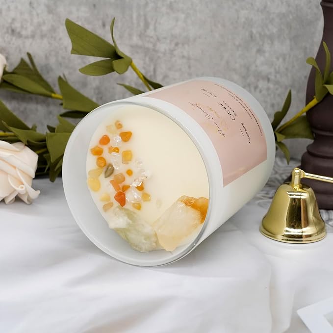 Healing Crystal Candle, Scented Candle Infused Citrin, Clear Quartz Crystals, Lemon Grass&Litchi Scented, Positivity