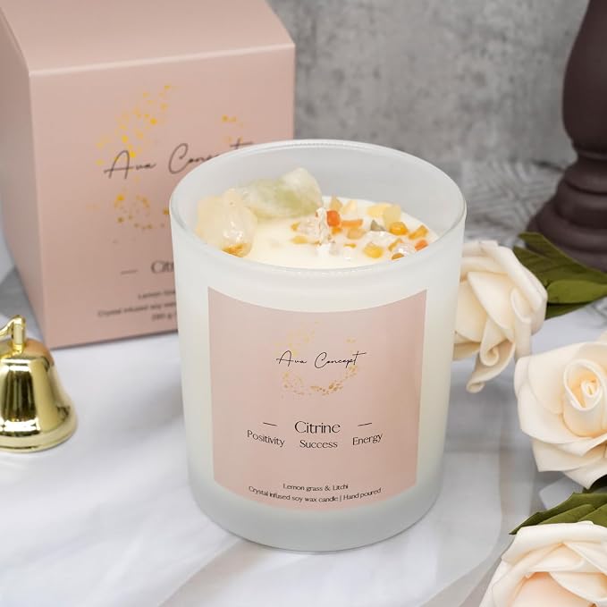 Healing Crystal Candle, Scented Candle Infused Citrin, Clear Quartz Crystals, Lemon Grass&Litchi Scented, Positivity