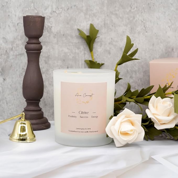 Healing Crystal Candle, Scented Candle Infused Citrin, Clear Quartz Crystals, Lemon Grass&Litchi Scented, Positivity