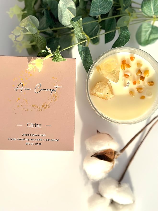 Healing Crystal Candle, Scented Candle Infused Citrin, Clear Quartz Crystals, Lemon Grass&Litchi Scented, Positivity