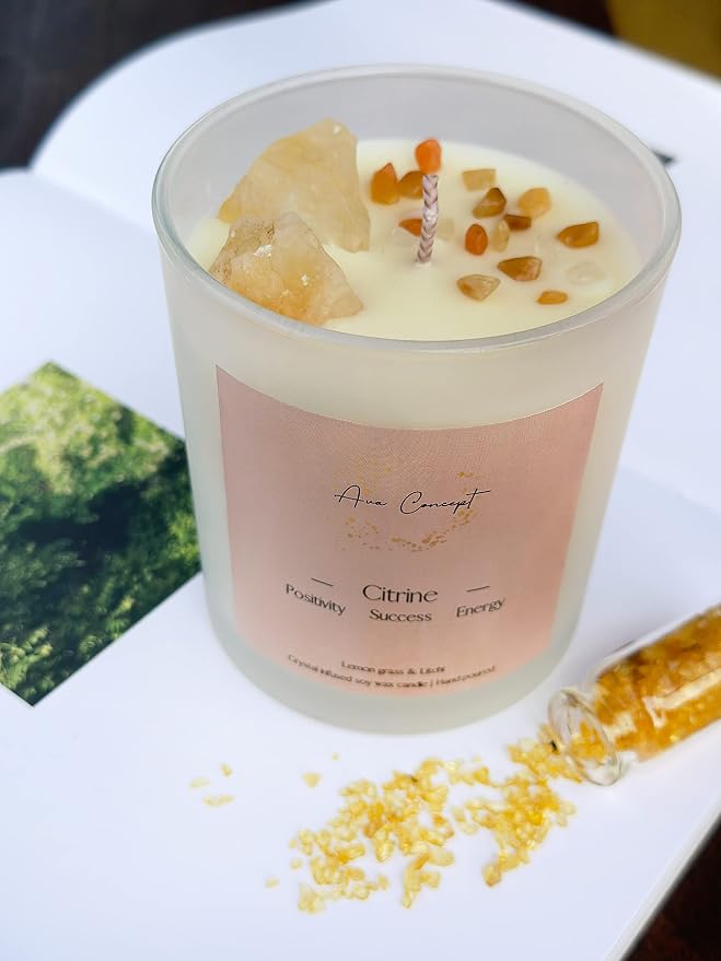 Healing Crystal Candle, Scented Candle Infused Citrin, Clear Quartz Crystals, Lemon Grass&Litchi Scented, Positivity