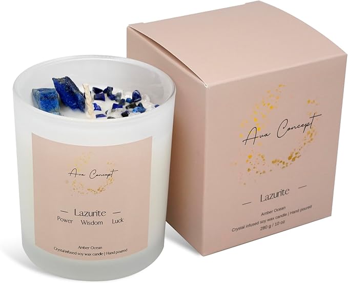 Healing Crystal Candle, Scented Candle Infused Lazurite Clear Quartz Crystals, Amber Ocean Scented, Positivity Energy
