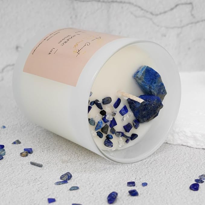 Healing Crystal Candle, Scented Candle Infused Lazurite Clear Quartz Crystals, Amber Ocean Scented, Positivity Energy