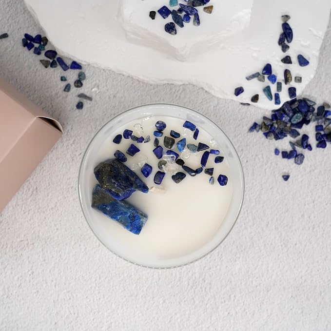 Healing Crystal Candle, Scented Candle Infused Lazurite Clear Quartz Crystals, Amber Ocean Scented, Positivity Energy