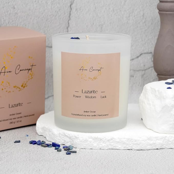 Healing Crystal Candle, Scented Candle Infused Lazurite Clear Quartz Crystals, Amber Ocean Scented, Positivity Energy