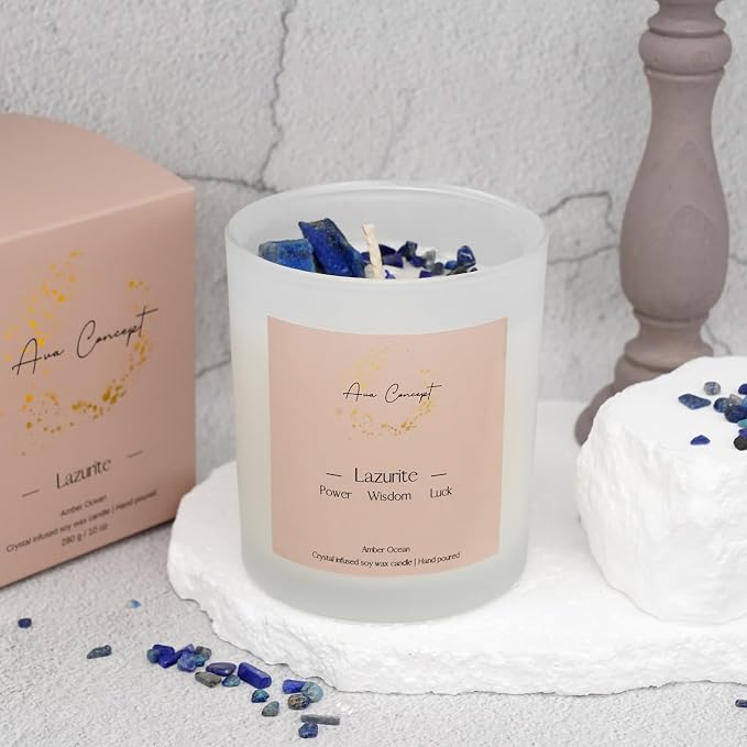 Healing Crystal Candle, Scented Candle Infused Lazurite Clear Quartz Crystals, Amber Ocean Scented, Positivity Energy