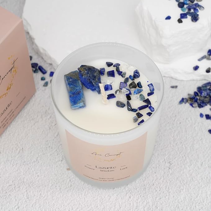 Healing Crystal Candle, Scented Candle Infused Lazurite Clear Quartz Crystals, Amber Ocean Scented, Positivity Energy