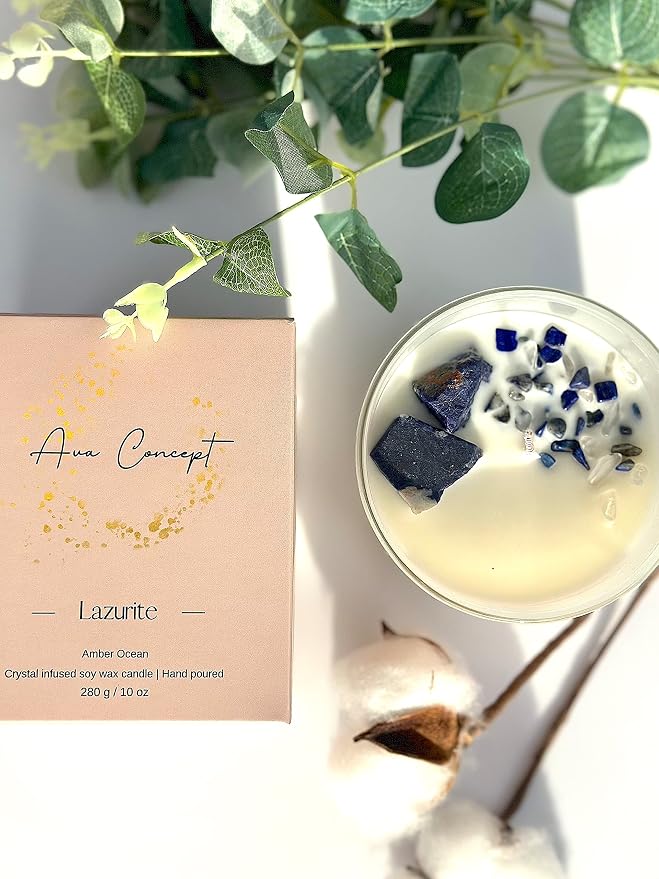 Healing Crystal Candle, Scented Candle Infused Lazurite Clear Quartz Crystals, Amber Ocean Scented, Positivity Energy