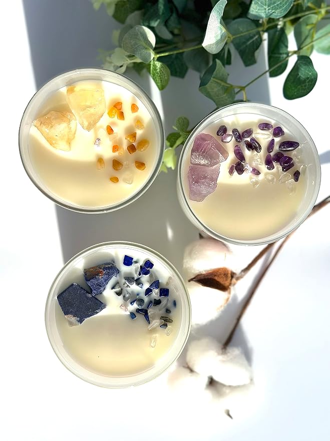 Healing Crystal Candle, Scented Candle Infused Lazurite Clear Quartz Crystals, Amber Ocean Scented, Positivity Energy