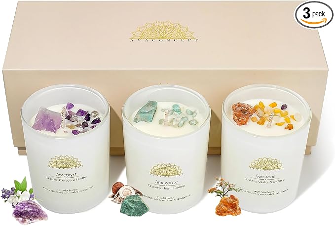 Healing Crystal Candles Gift Set for Women, 3 Pack Aromatherapy Soy Candles with Real Amethyst Amazonite Sunstone, Lavender
