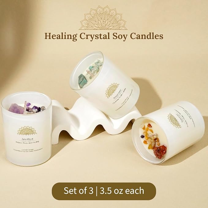 Healing Crystal Candles Gift Set for Women, 3 Pack Aromatherapy Soy Candles with Real Amethyst Amazonite Sunstone, Lavender