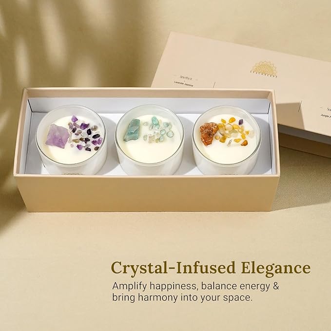 Healing Crystal Candles Gift Set for Women, 3 Pack Aromatherapy Soy Candles with Real Amethyst Amazonite Sunstone, Lavender