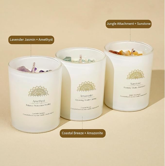 Healing Crystal Candles Gift Set for Women, 3 Pack Aromatherapy Soy Candles with Real Amethyst Amazonite Sunstone, Lavender