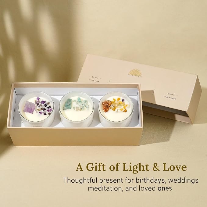 Healing Crystal Candles Gift Set for Women, 3 Pack Aromatherapy Soy Candles with Real Amethyst Amazonite Sunstone, Lavender