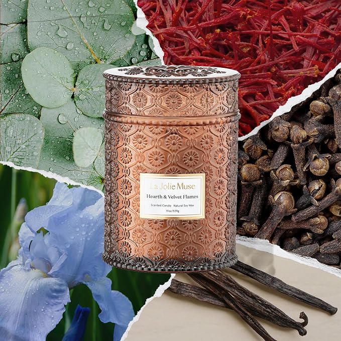 Hearth & Velvet Flames Candle – Saffron, Clove & Vanilla | 19 oz Large Wooden Wick Soy Candle | 90 Hours Clean Burn |