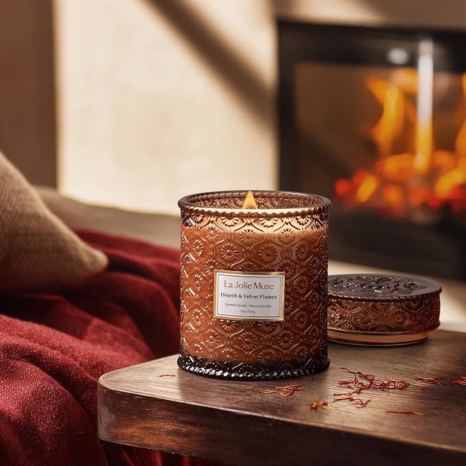 Hearth & Velvet Flames Candle – Saffron, Clove & Vanilla | 19 oz Large Wooden Wick Soy Candle | 90 Hours Clean Burn |