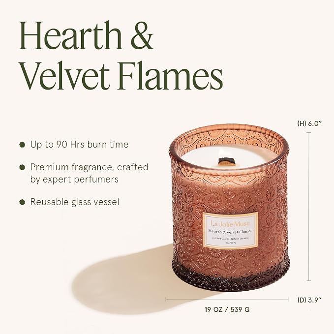 Hearth & Velvet Flames Candle – Saffron, Clove & Vanilla | 19 oz Large Wooden Wick Soy Candle | 90 Hours Clean Burn |