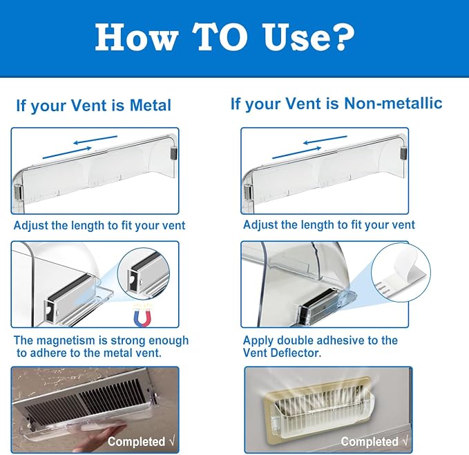 Heating & Air Vent Deflector for Vents, Sidewall, Ceiling, Floor Registers - Adjust Between 9"-14", Magnetic Vent Covers for