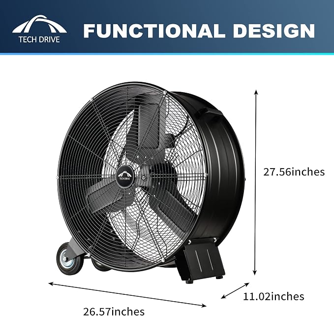 Heavy Duty Metal Industrial Drum Fan, 24 inch High Velocity Shop Fan, 2 Speed Large Floor Fan for Warehouse, Workshop