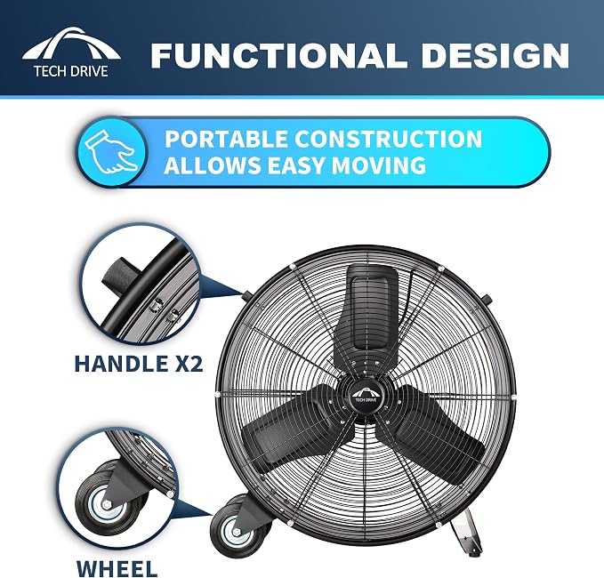 Heavy Duty Metal Industrial Drum Fan, 24 inch High Velocity Shop Fan, 2 Speed Large Floor Fan for Warehouse, Workshop