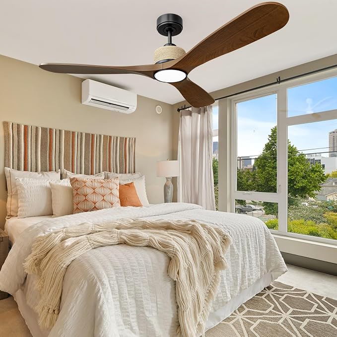 Hemp Rope 60 Inch Smart Ceiling Fan with Light, Solid Wood Ceiling Fans with Remote, Alexa and App, Reversible Quiet DC