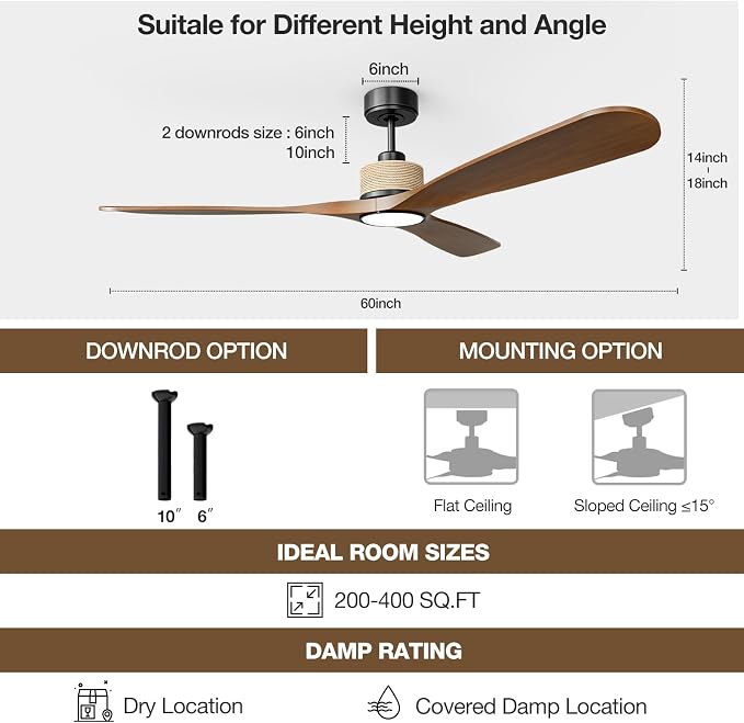 Hemp Rope 60 Inch Smart Ceiling Fan with Light, Solid Wood Ceiling Fans with Remote, Alexa and App, Reversible Quiet DC