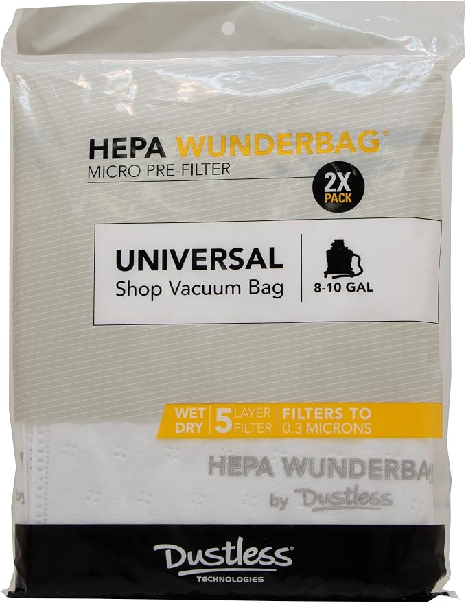 HEPA Technologies Wunderbag(8-10 Gallon)- Universal High Capacity Pre-Filter Bags for Wet Dry Vacuums, 2 Pack.