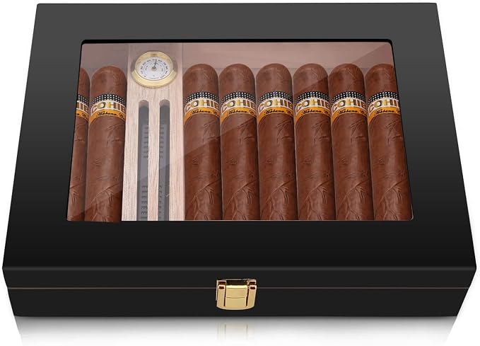 High Gloss Cigar Humidor Cigar Box for 10-15 Cigars, Real Solid Spanish Cedar Wood, Luxury Hygrometer and Humidifier, Desktop