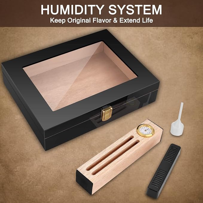 High Gloss Cigar Humidor Cigar Box for 10-15 Cigars, Real Solid Spanish Cedar Wood, Luxury Hygrometer and Humidifier, Desktop