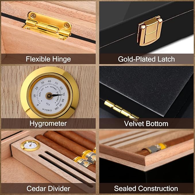 High Gloss Cigar Humidor Cigar Box for 10-15 Cigars, Real Solid Spanish Cedar Wood, Luxury Hygrometer and Humidifier, Desktop