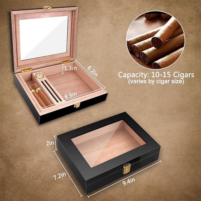 High Gloss Cigar Humidor Cigar Box for 10-15 Cigars, Real Solid Spanish Cedar Wood, Luxury Hygrometer and Humidifier, Desktop