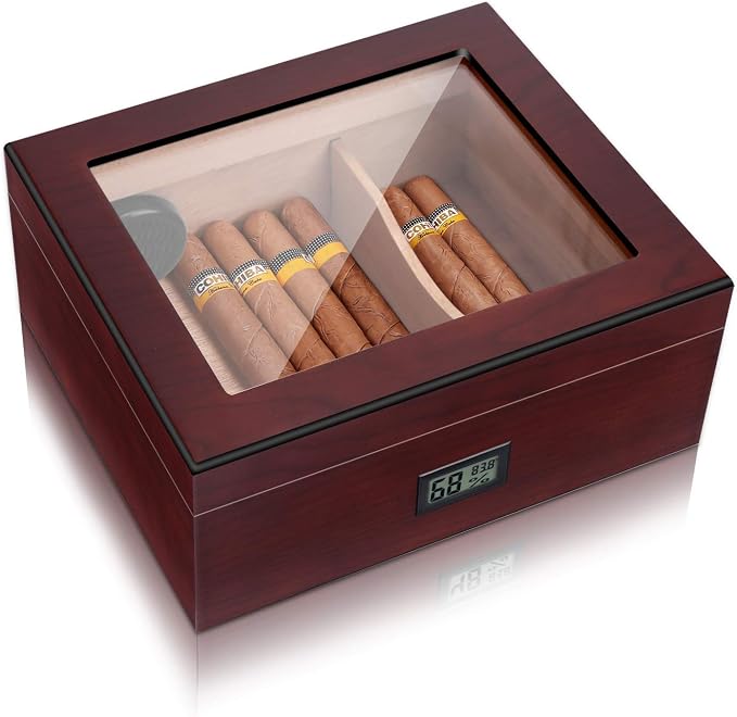 High Gloss Cigar Humidor Cigar Box, Real Solid Spanish Cedar Wood, Luxury Hygrometer and Humidifier, Desktop Humidors Gloss