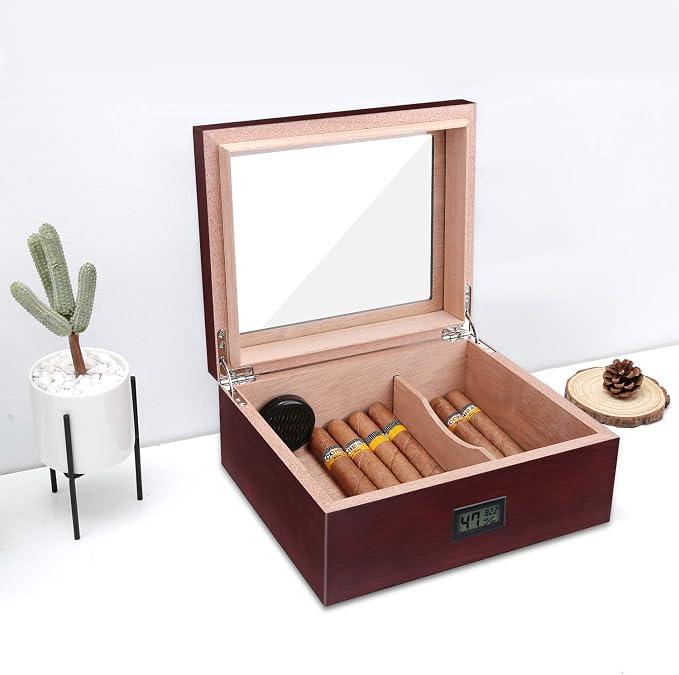 High Gloss Cigar Humidor Cigar Box, Real Solid Spanish Cedar Wood, Luxury Hygrometer and Humidifier, Desktop Humidors Gloss