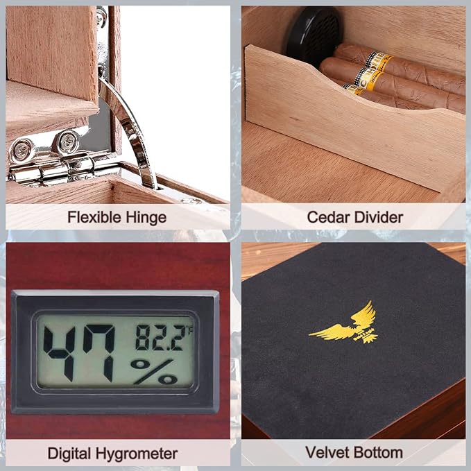 High Gloss Cigar Humidor Cigar Box, Real Solid Spanish Cedar Wood, Luxury Hygrometer and Humidifier, Desktop Humidors Gloss
