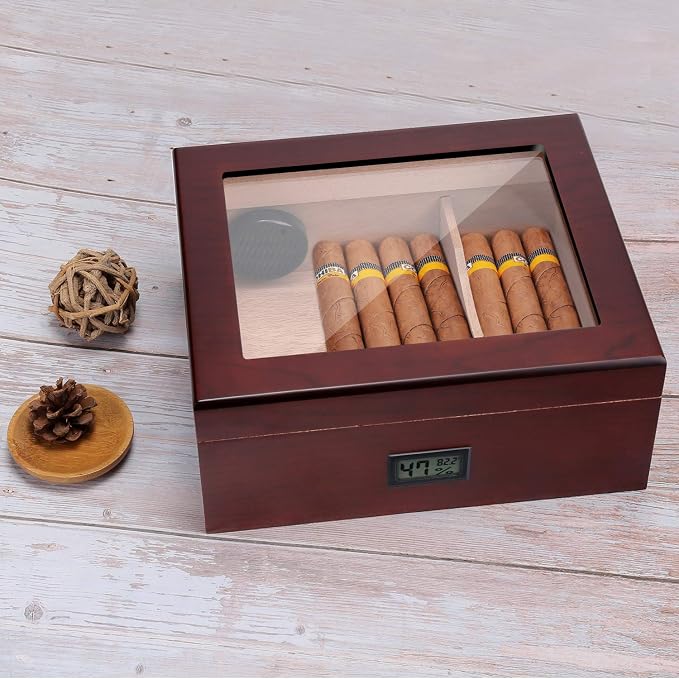 High Gloss Cigar Humidor Cigar Box, Real Solid Spanish Cedar Wood, Luxury Hygrometer and Humidifier, Desktop Humidors Gloss
