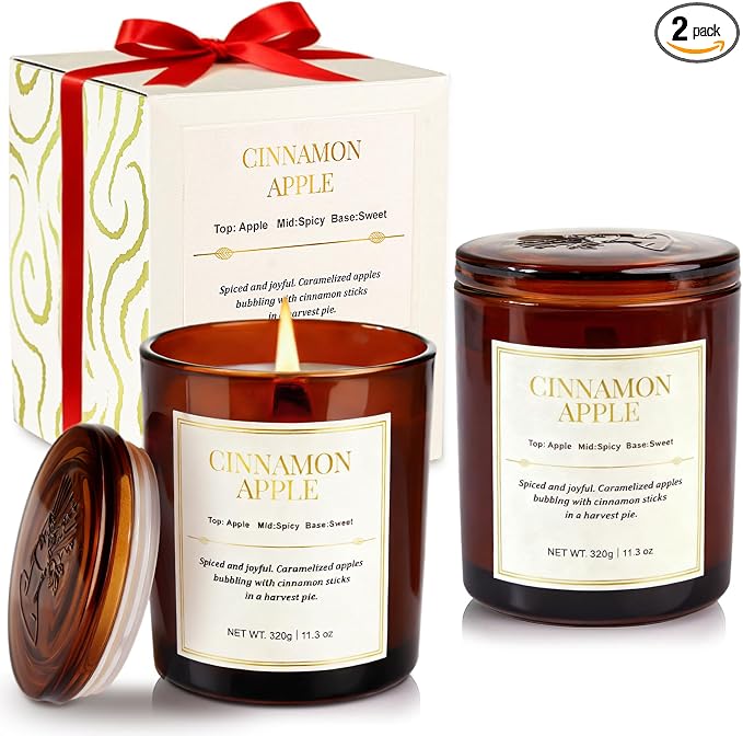 Holiday Candle Gift Set–2 Pack Wood Wick Cinnamon Apple Scented Candles,Long Lasting Natural Soy Wax Candles with Gift